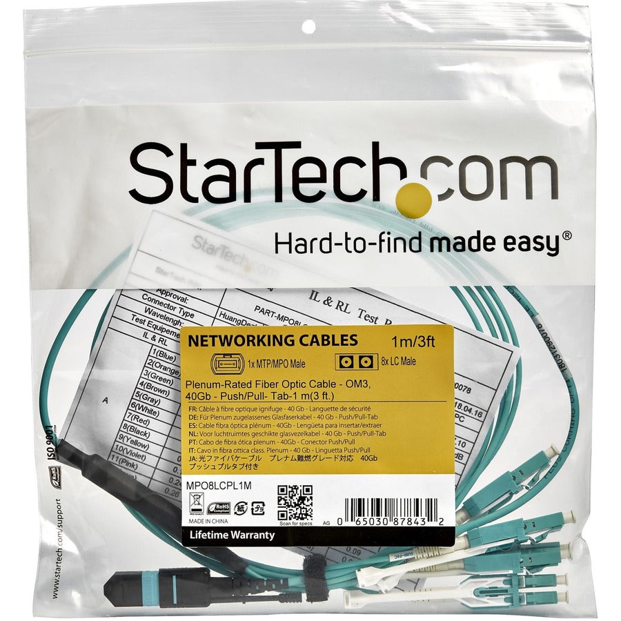 StarTech.com 3m (10ft) MTP(F)/PC to 4x LC/PC Duplex Breakout OM3 Multimode Fiber Optic Cable, 40G, Low Insertion Loss, Fiber Jumper Cord