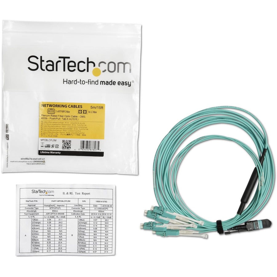StarTech.com 5m (16.4ft) MTP(F)/PC to 4x LC/PC Duplex Breakout OM3 Multimode Fiber Optic Cable, 40G, Low Insertion Loss, Fiber Jumper Cord