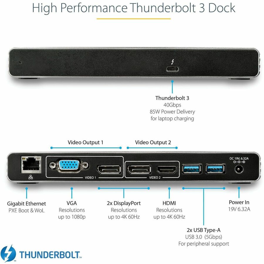 StarTech.com Thunderbolt 3 Dock - Station d'accueil TB3 pour deux écrans 4K 60 Hz avec DisplayPort, HDMI et VGA 1080p - Alimentation 85 W