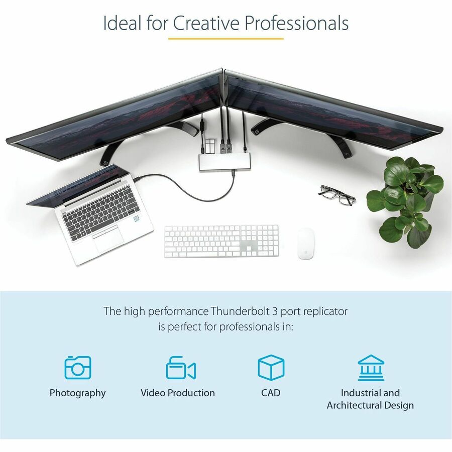 StarTech.com Thunderbolt 3 Dock - Station d'accueil TB3 pour deux écrans 4K 60 Hz avec DisplayPort, HDMI et VGA 1080p - Alimentation 85 W