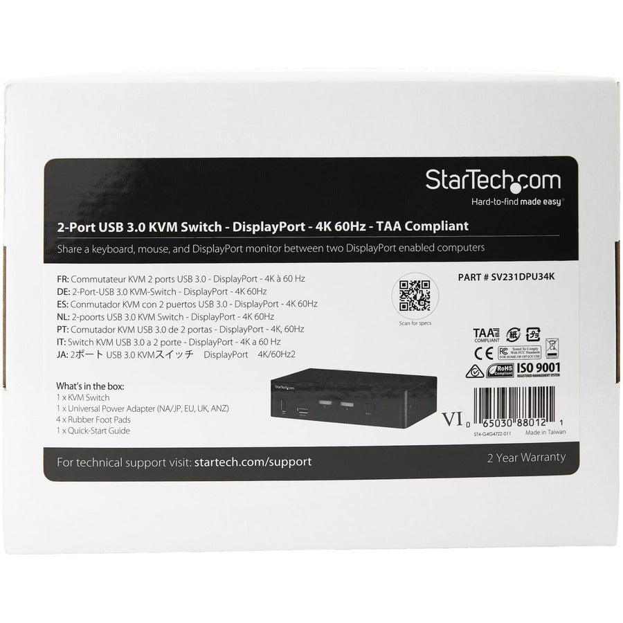 StarTech.com 2 Port DisplayPort KVM Switch - 4K 60Hz - Single Display - UHD DP 1.2 USB KVM Switch with USB 3.0 Hub & Audio