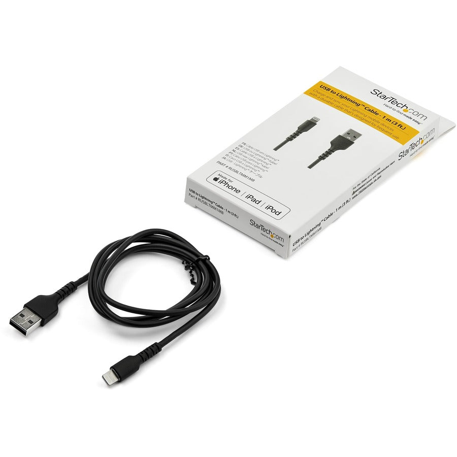 StarTech.com 3 foot/1m Durable Black USB-A to Lightning Cable, Rugged Heavy Duty Charging/Sync Cable for Apple iPhone/iPad MFi Certified