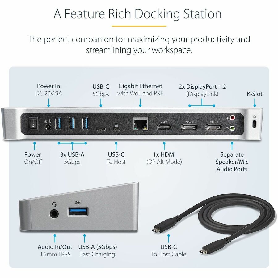 StarTech.com USB-C Dock - 4K Triple Monitor USB Type-C Docking Station with Dual DisplayPort & HDMI - 100W Power Delivery - 5x USB 3.0 Hub