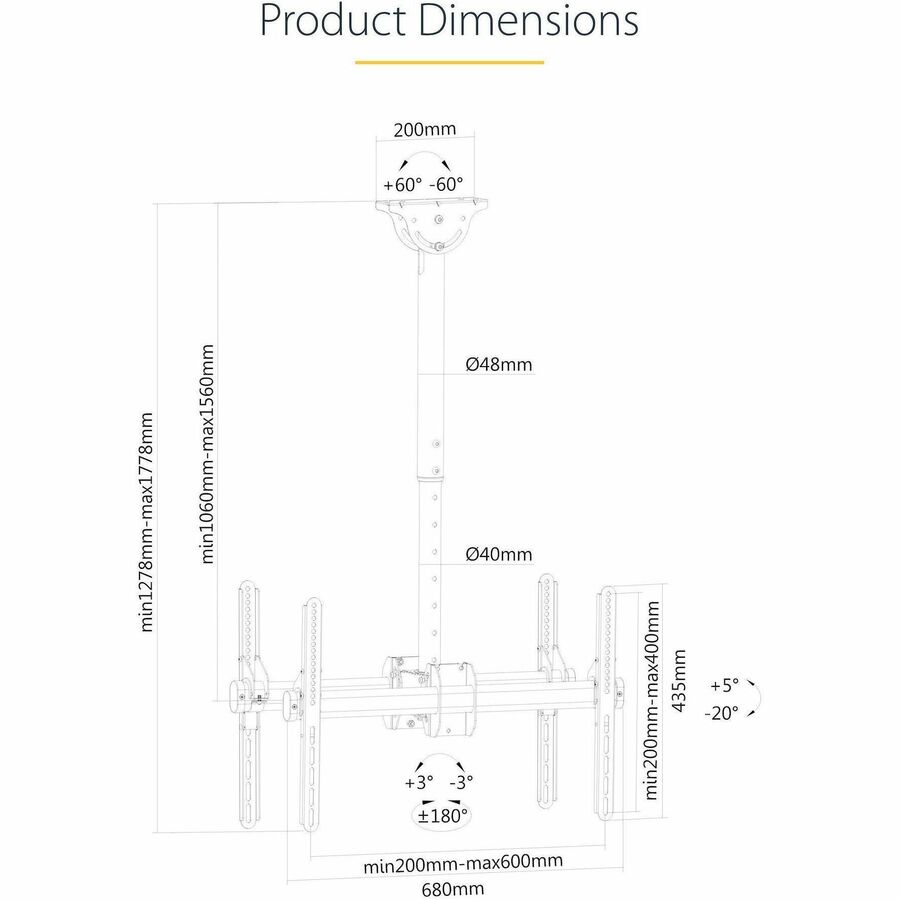 Support plafond StarTech.com pour deux téléviseurs, fixation dos à dos VESA pour deux écrans de 32 à 75 pouces - Perche télescopique réglable en hauteur