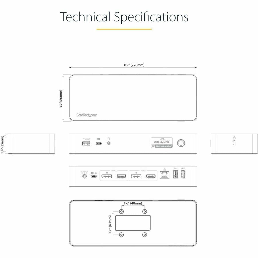 StarTech.com USB-C & USB-A Dock - Hybrid Universal Laptop Docking Station with Dual Monitor Display 4K 60Hz HDMI & DisplayPort - 60W PD