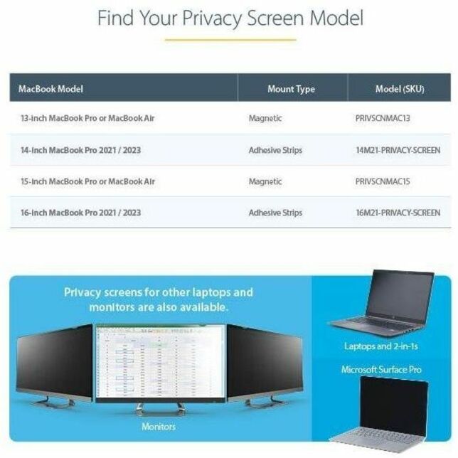 StarTech.com Écran de confidentialité pour MacBook Pro et Air 13 pouces - Filtre de sécurité magnétique amovible - Réduction de la lumière bleue - Mat/Brillant