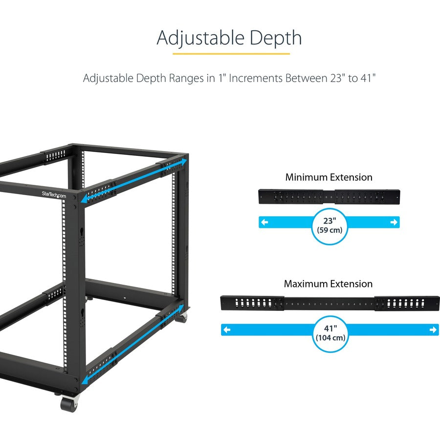 StarTech.com 4-Post 18U Mobile Open Frame Server Rack, 19" Network Rack with Casters, Rolling Rack for Computer/AV/Data/IT Equipment