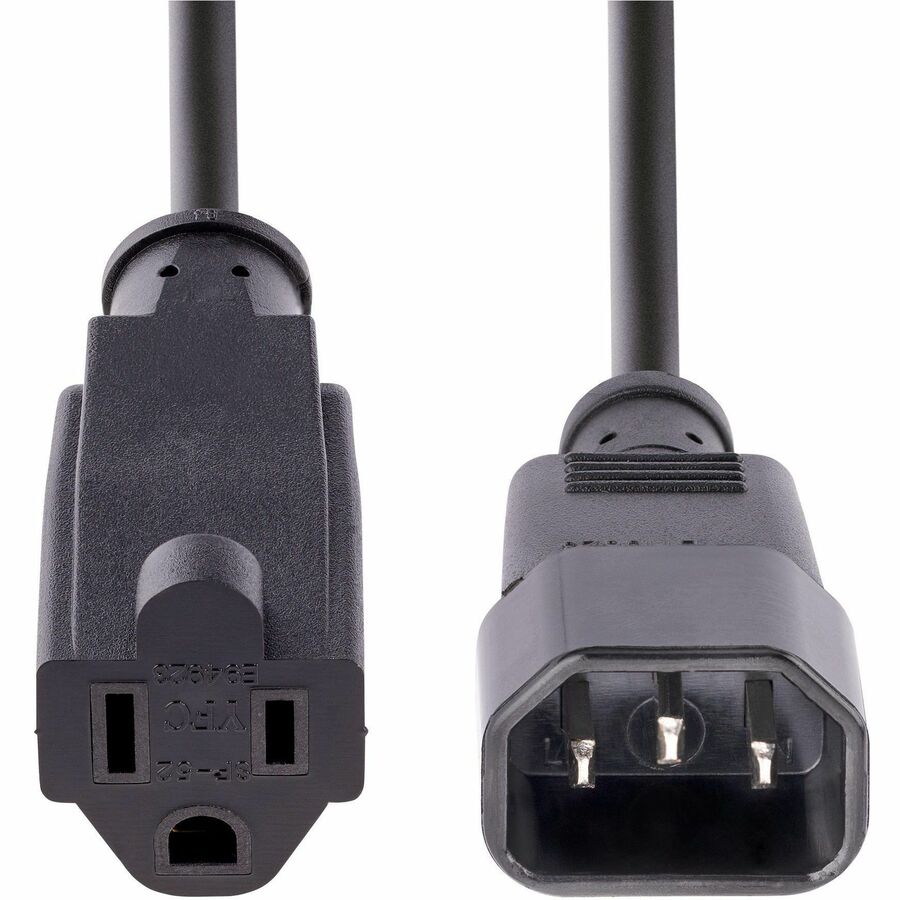 StarTech.com 1ft (0.3m) Power Extension Cord, IEC C14 to NEMA 5-15R, 10A 125V, 18AWG, Black, Outlet Extension Cable for Network Equipment