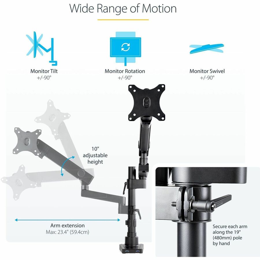 Bras de fixation pour écran de bureau StarTech.com avec 2 ports USB 3.0, fixation pour écran jusqu'à 34 pouces (8 kg) VESA, pince en C/œillet