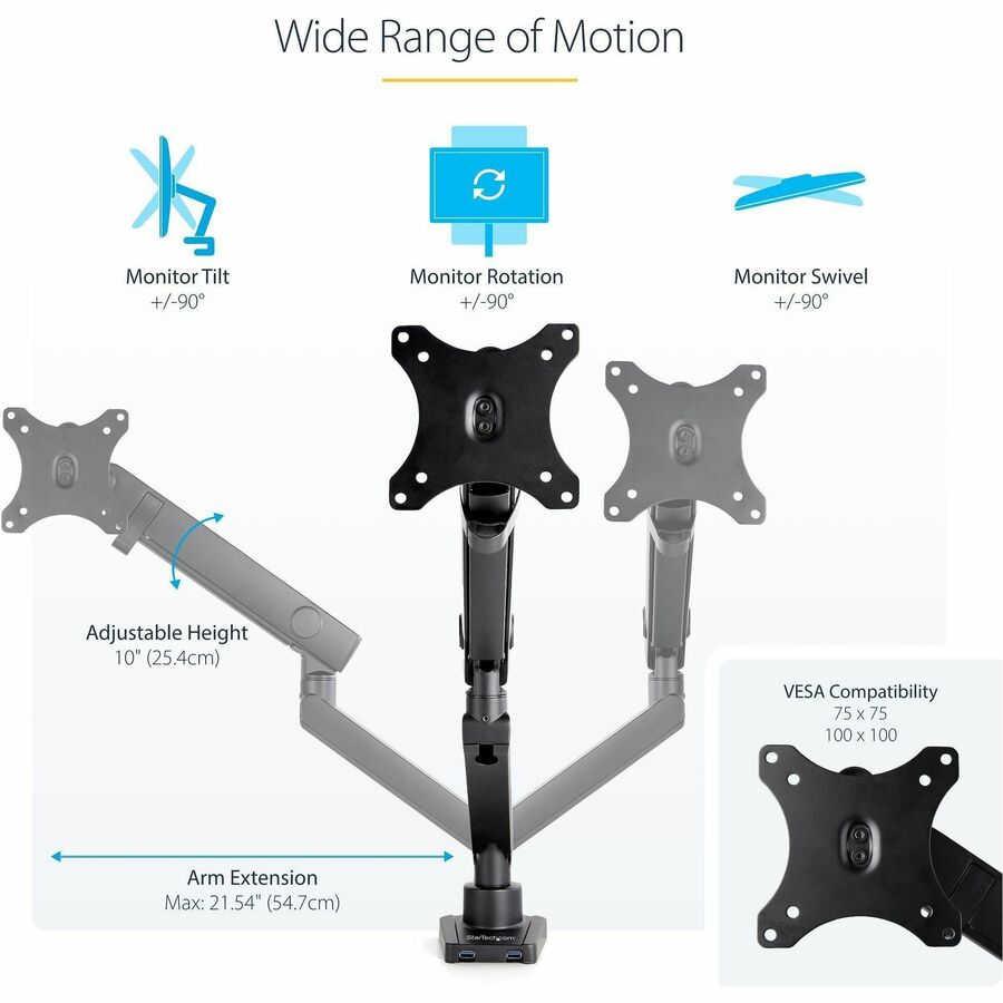 StarTech.com Desk Mount Monitor Arm with 2x USB 3.0 ports, Slim Single Monitor VESA Mount up to 34" (17.6lb/8kg) Display, C-Clamp/Grommet