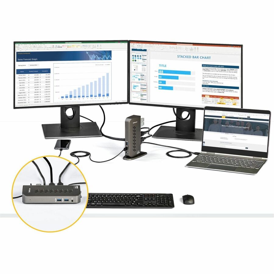 StarTech.com USB-C USB-A Dock - Hybrid Universal USB 3.0 Laptop Docking Station - Dual Monitor 4K 60Hz HDMI/DisplayPort - 6xUSB Type-A/GbE