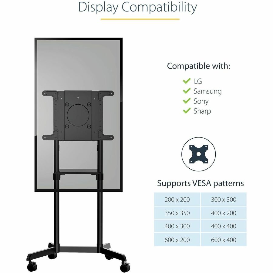 StarTech.com Mobile TV Cart, Portable Rolling TV Stand, 37-70 inch VESA Display Mount (154lb/70kg), Shelf & Storage, Rotate/Tilt Display