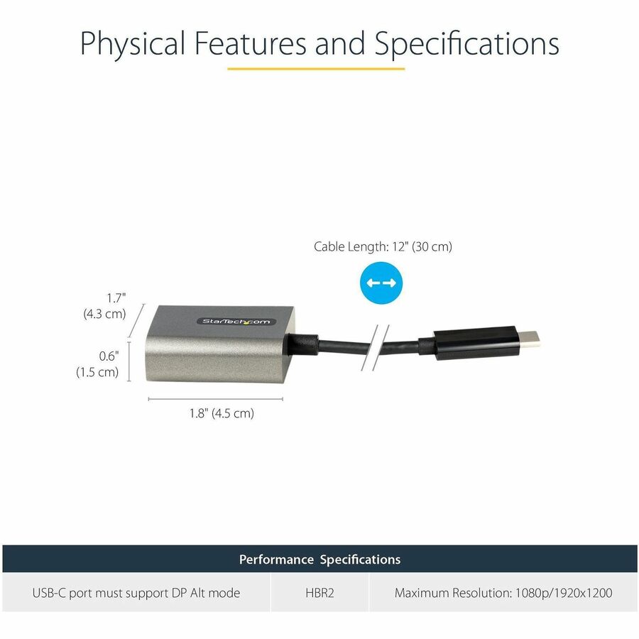 StarTech.com USB C to VGA Adapter, 1080p USB Type-C to VGA Adapter Dongle, USB-C to VGA Monitor/Display Video Converter, 12" Long Cable
