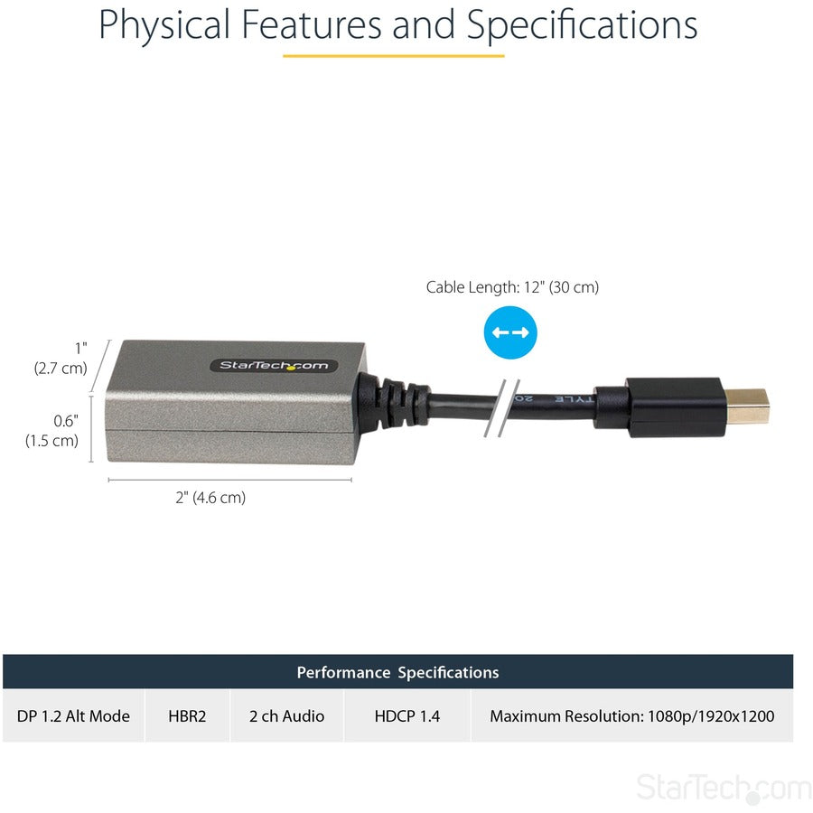 StarTech.com Mini DisplayPort to HDMI Adapter, mDP to HDMI Adapter Dongle, 1080p, Mini DP 1.2 to HDMI Video Converter, 12" Long Cable