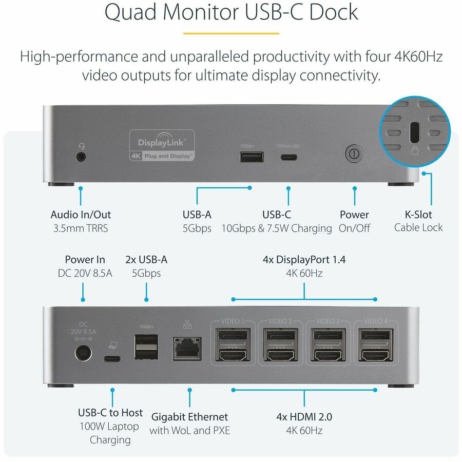Station d'accueil USB-C StarTech.com, 4K 60 Hz, DisplayPort et HDMI, station d'accueil universelle USB-C, alimentation 100 W, hub USB 1C/3A, GbE