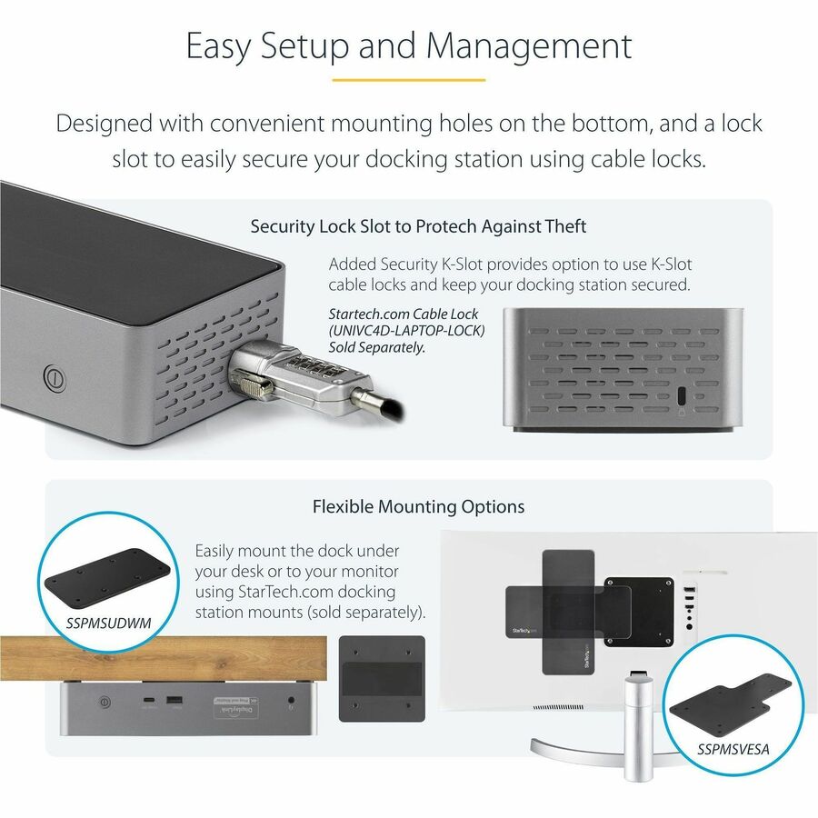 Station d'accueil USB-C StarTech.com, 4K 60 Hz, DisplayPort et HDMI, station d'accueil universelle USB-C, alimentation 100 W, hub USB 1C/3A, GbE