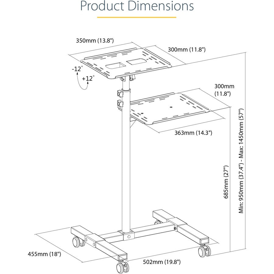 StarTech.com Mobile Projector and Laptop Stand/Cart, Heavy Duty Portable Projector Stand/Presentation Cart (22lb/shelf), Height Adjustable