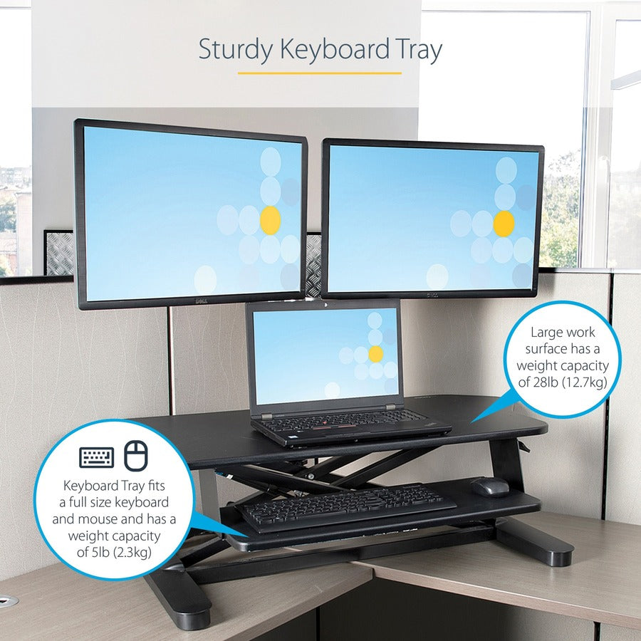 StarTech.com Corner Sit Stand Desk Converter with Keyboard Tray, Large Surface 35"x21" , Height Adjustable Ergonomic Tabletop Standing Desk
