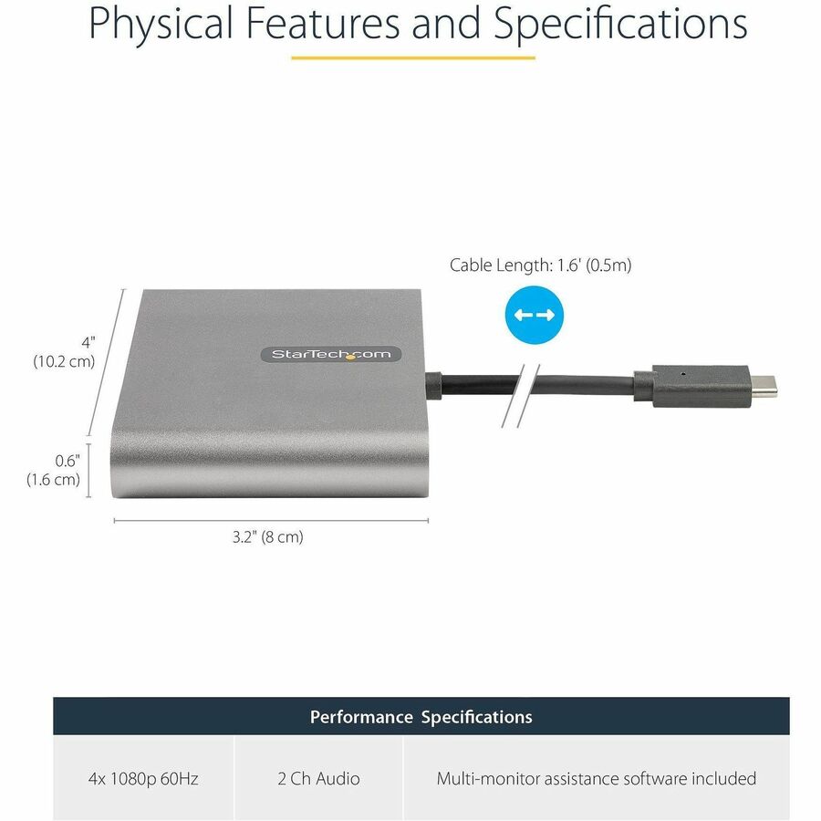 StarTech.com USB C to Quad HDMI Adapter, USB-C to 4x HDMI Monitor Converter for Windows (no support for macOS/ChromeOS/Linux) - TAA