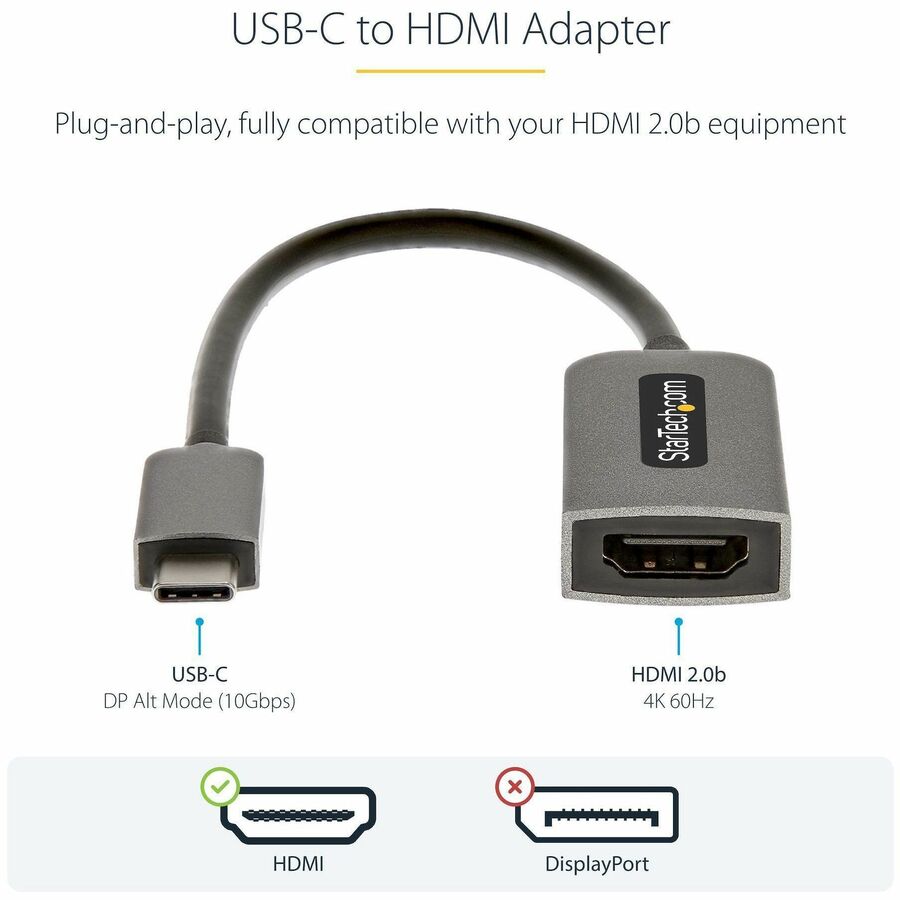 StarTech.com USB C to HDMI Adapter Dongle, 4K 60Hz, HDR10, USB-C to HDMI 2.0b Converter, USB Type-C DP Alt Mode to HDMI Monitor/Display
