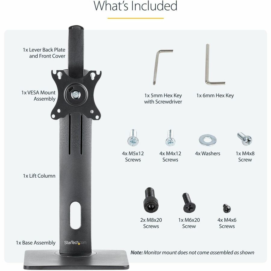 Support d'écran simple autoportant StarTech.com, support de bureau ergonomique réglable en hauteur, pour écrans VESA jusqu'à 32 pouces (6,8 kg)