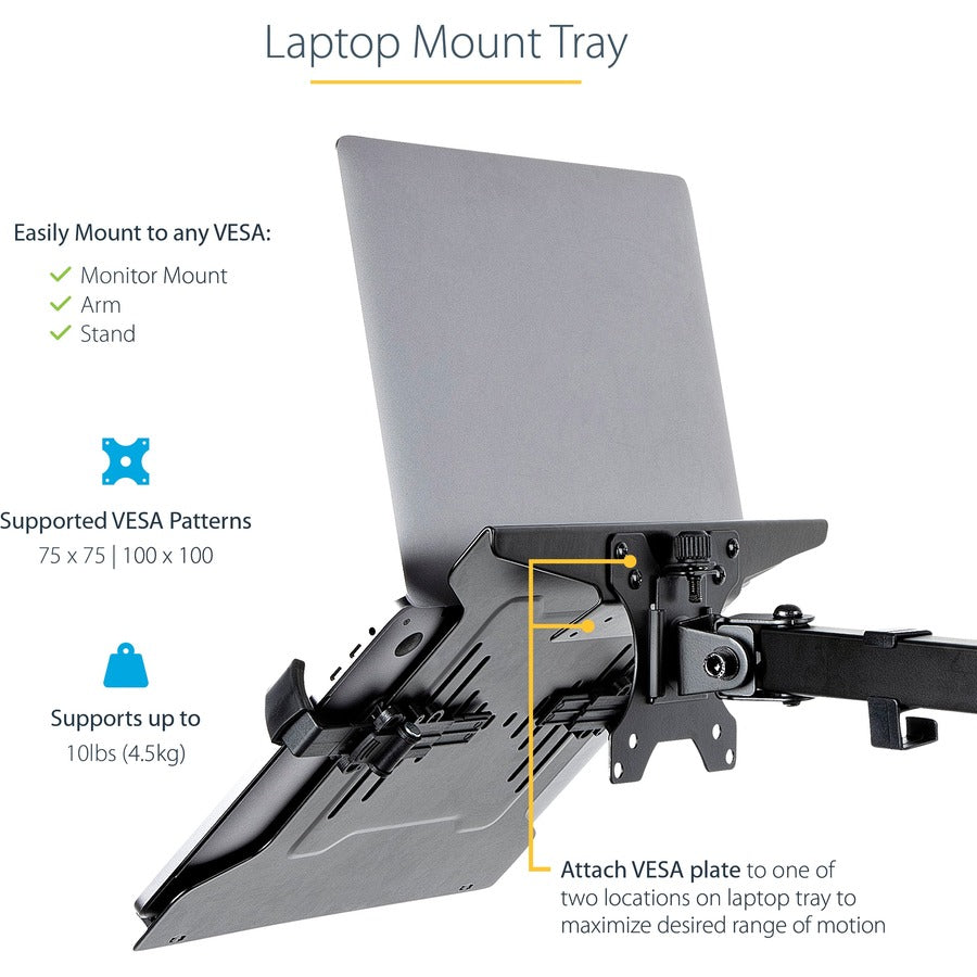 StarTech.com Support pour ordinateur portable VESA, bras d'écran réglable, support pour ordinateur portable, support pour ordinateur portable jusqu'à 4,5 kg (9,9 lb), VESA 75 x 75 et 100 x 100, ventilé