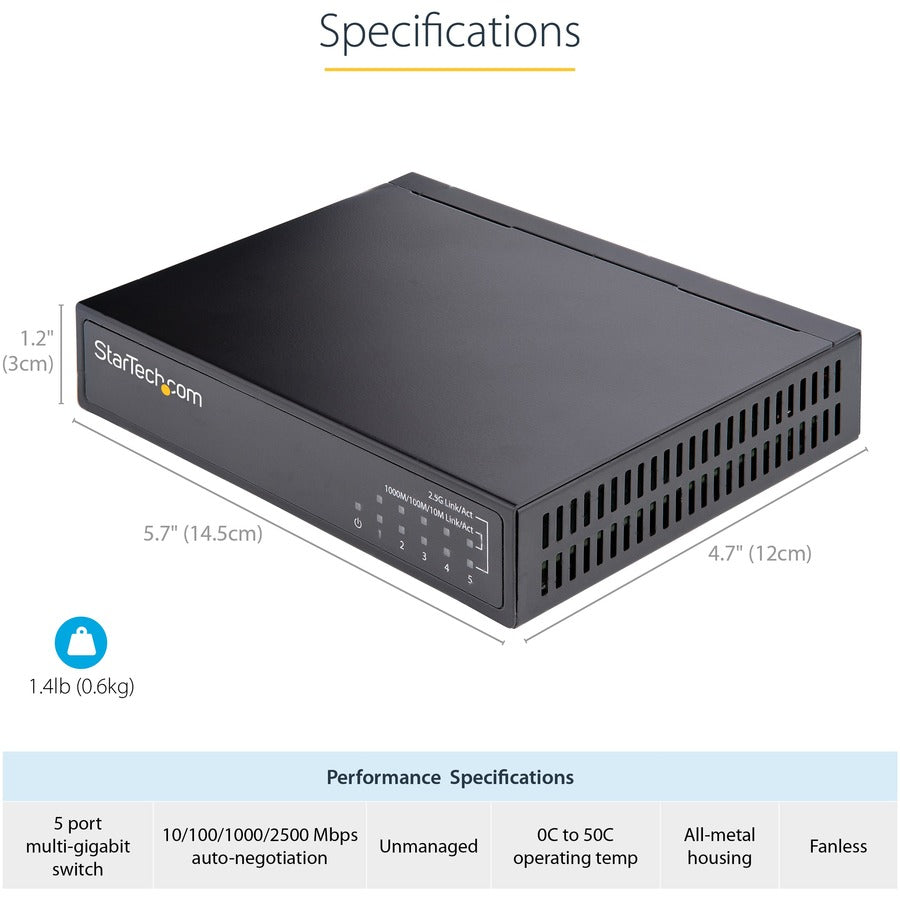 StarTech.com Unmanaged 2.5G Switch, 5 Port 2.5GBASE-T Unmanaged Ethernet Switch, Desk | Wall Mount Kit, Compatible w/ 10/100/1000Mbps devices