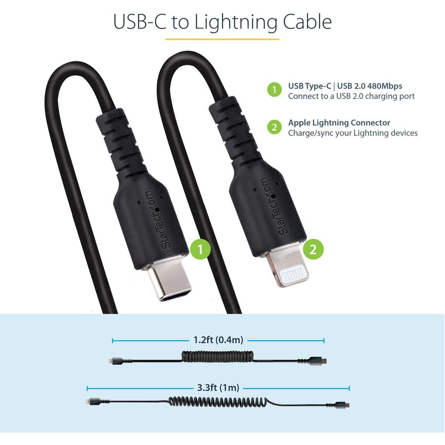 Câble USB-C vers Lightning StarTech.com de 1 m (3 pi), certifié MFi, câble spiralé pour chargeur iPhone, noir, gaine TPE durable en fibre d'aramide