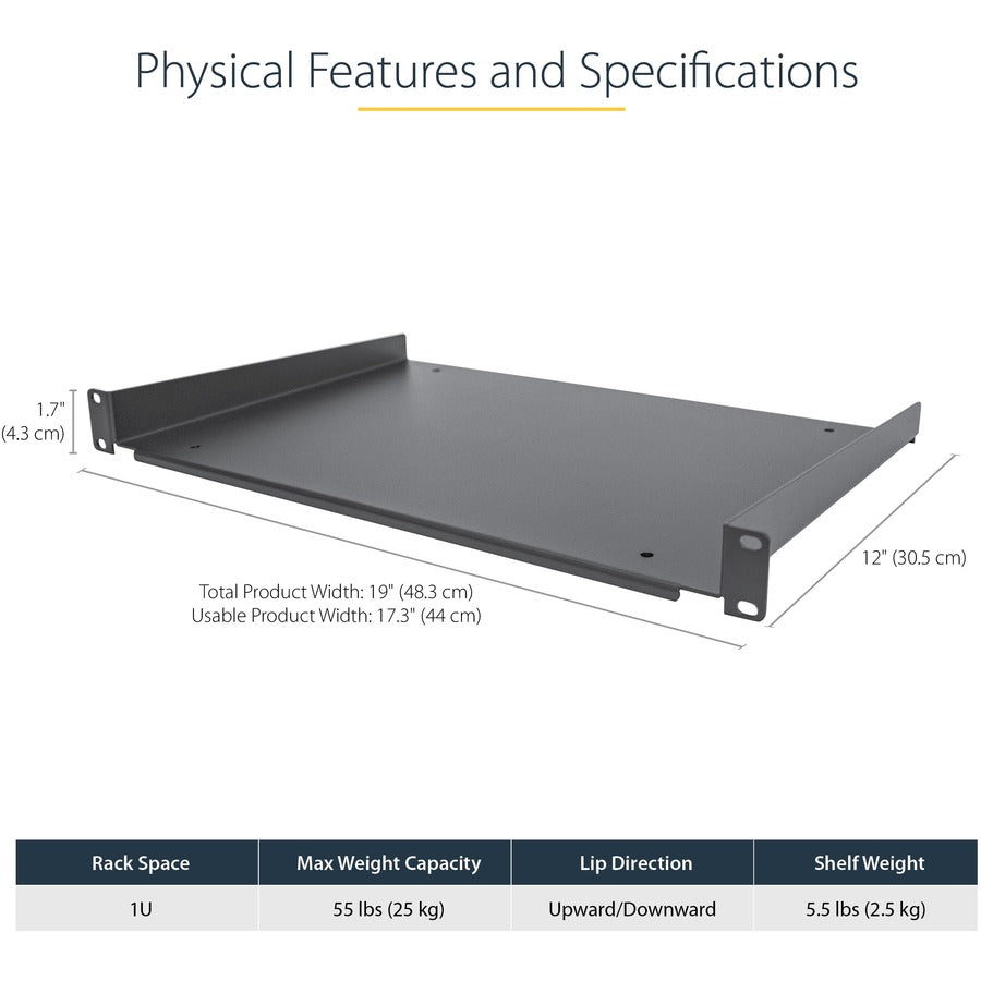 StarTech.com 1U Server Rack Cabinet Shelf - Fixed 12" Deep Cantilever Rackmount Tray for 19" Data/AV/Network Enclosure w/cage nuts, screws