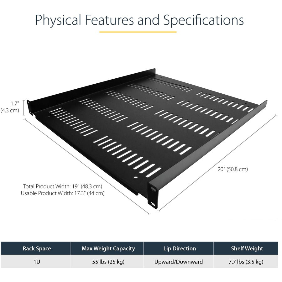 Étagère pour rack serveur ventilée 1U StarTech.com - Plateau de montage en rack cantilever fixe de 50,8 cm de profondeur pour boîtier de données/audiovisuel/réseau de 48,3 cm avec écrous cage