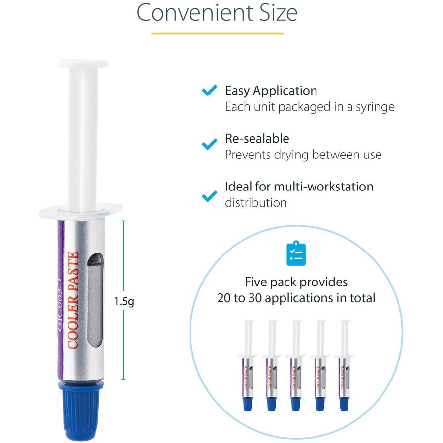 Pâte thermique StarTech.com, lot de 5 seringues (1,5 g/unité), composé dissipateur thermique à base d'oxyde métallique, pâte pour processeur