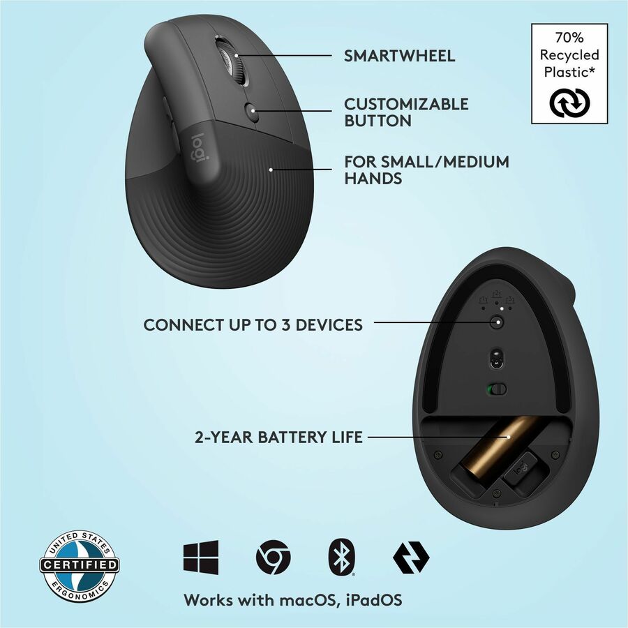 Souris ergonomique verticale Logitech Lift (graphite)