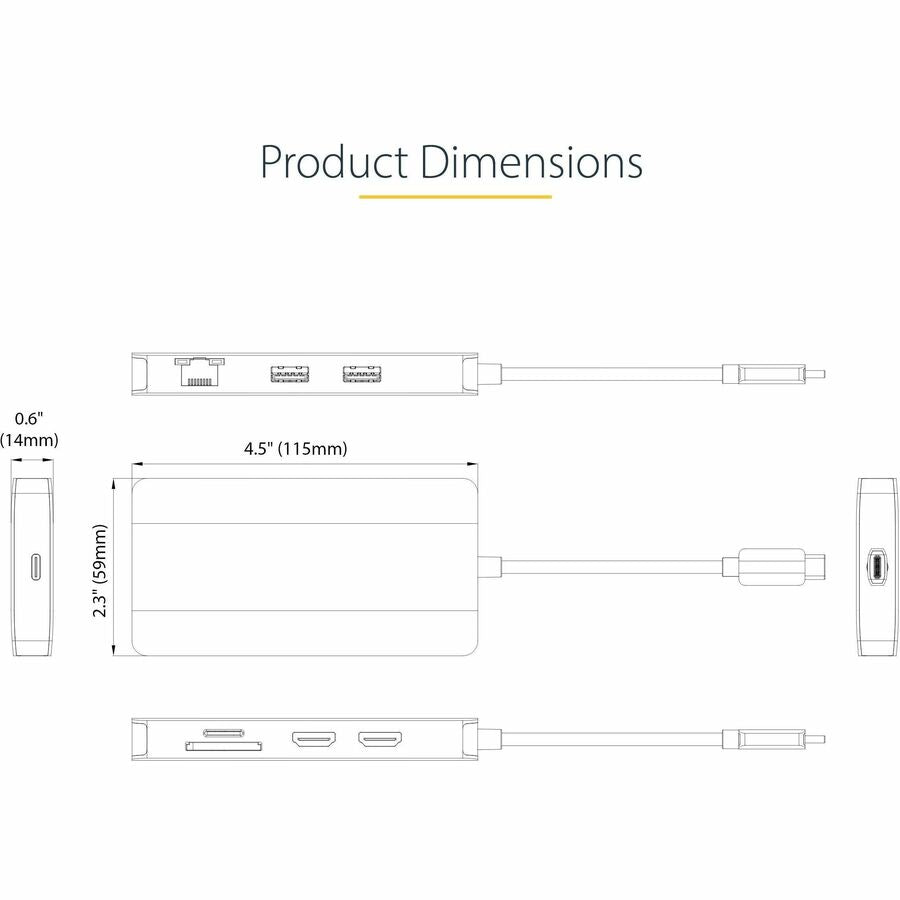 StarTech.com USB C Multiport Adapter, Dual HDMI, 4K 60Hz, 2x 5Gbps USB-A Hub, 100W Power Delivery, GbE, SD/MicroSD, USB C Mini Dock