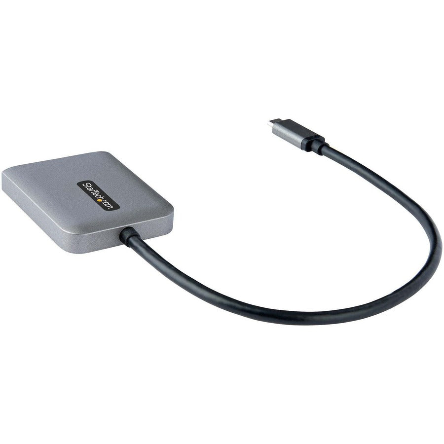 A StarTech.com USB-C to Dual HDMI Adapter with a gray body and a long black cable ending in two HDMI connectors.