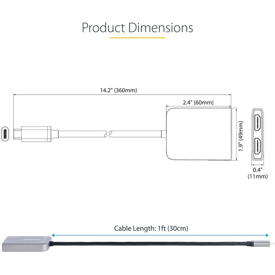A StarTech.com USB-C to Dual HDMI Adapter with a gray body and a long black cable ending in two HDMI connectors.