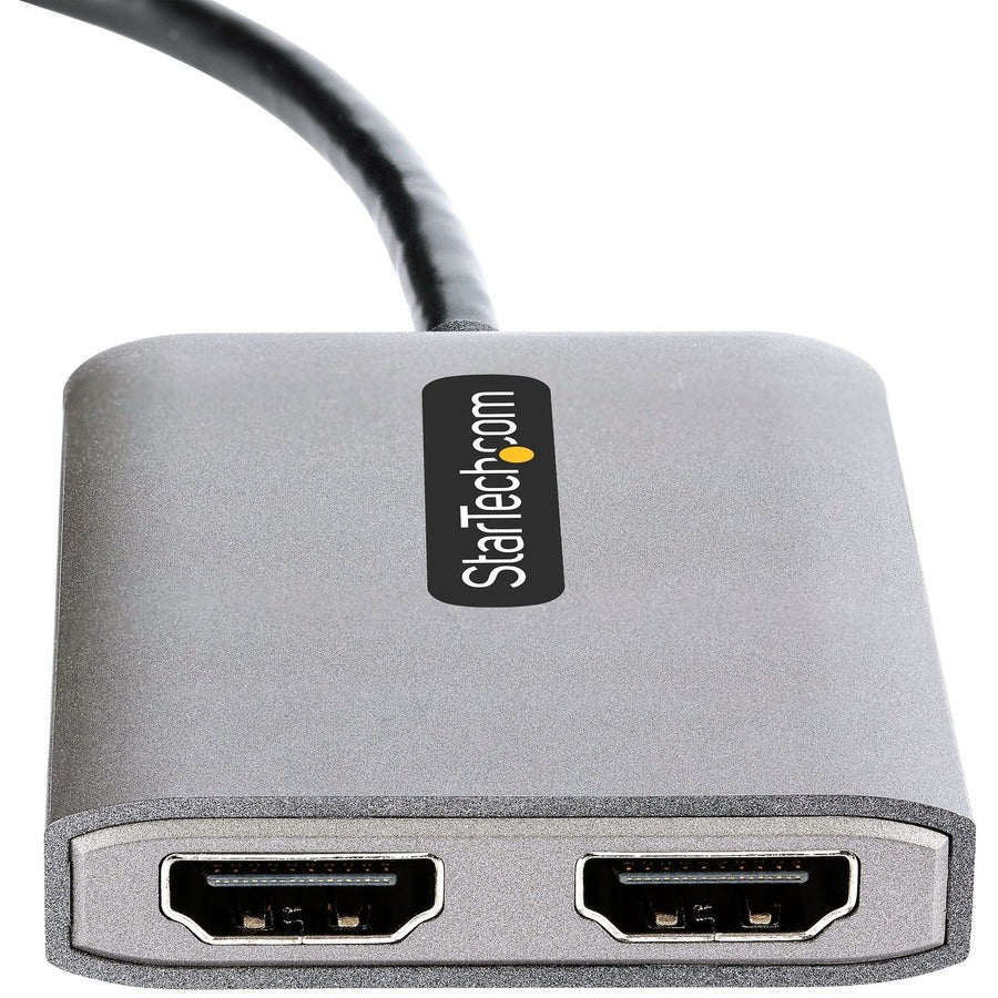 A StarTech.com USB-C to Dual HDMI Adapter with a gray body and a long black cable ending in two HDMI connectors.