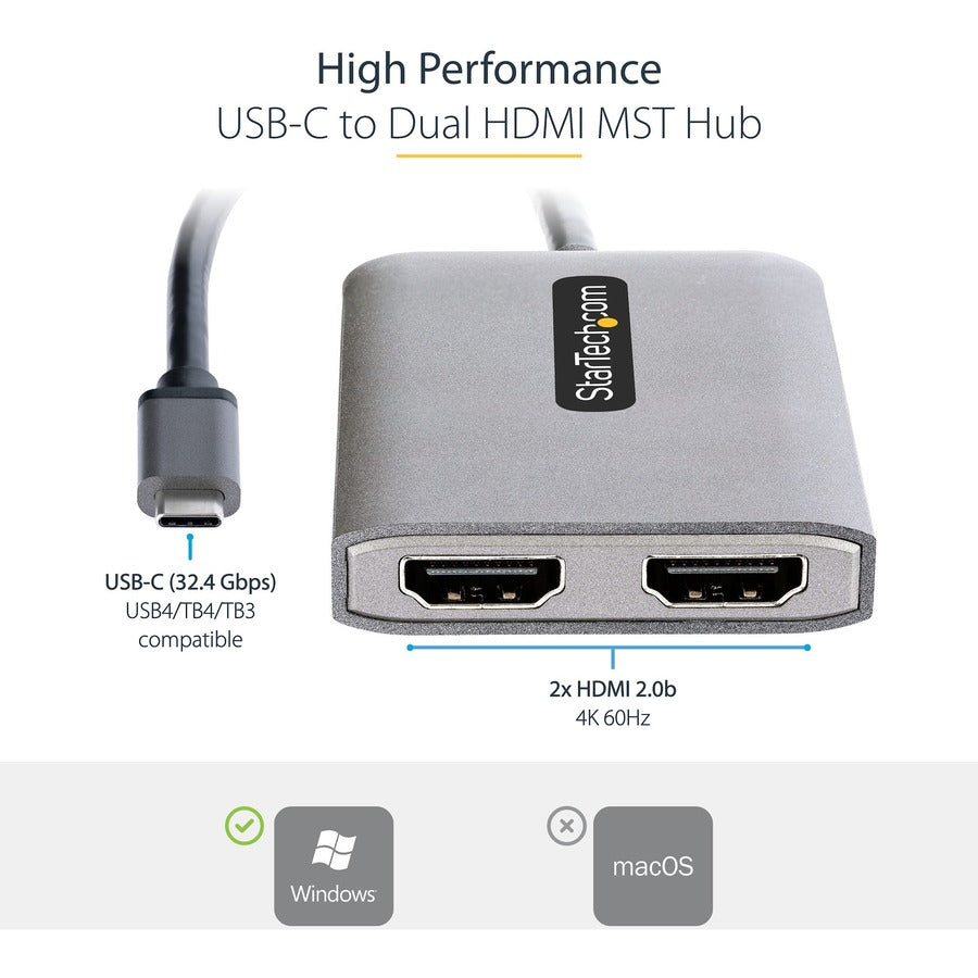A StarTech.com USB-C to Dual HDMI Adapter with a gray body and a long black cable ending in two HDMI connectors.