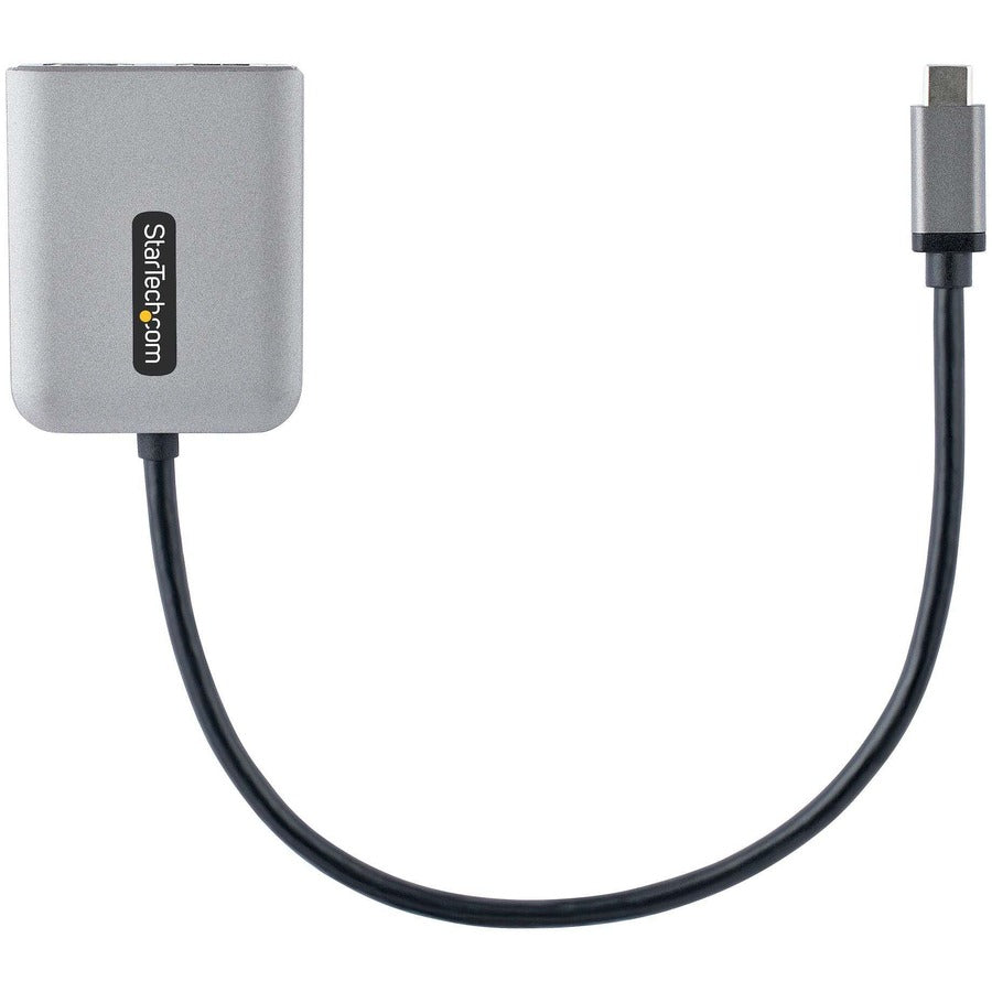 A StarTech.com USB-C to Dual HDMI Adapter with a gray body and a long black cable ending in two HDMI connectors.
