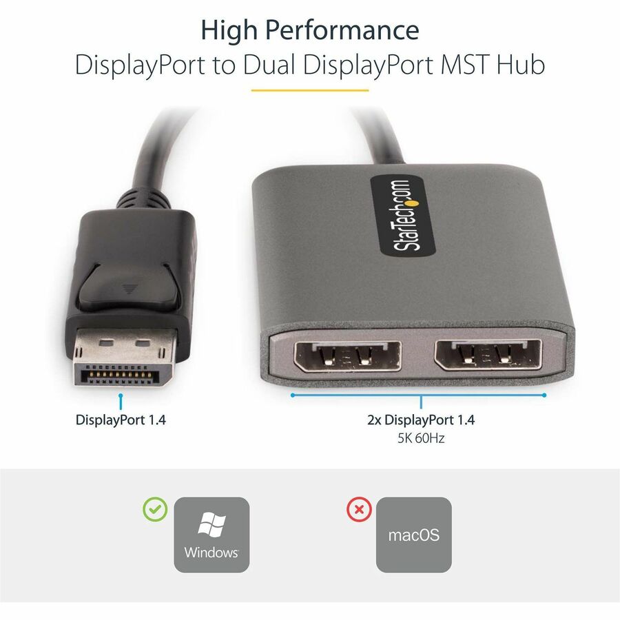 StarTech.com Répartiteur DisplayPort 1.4 double écran, adaptateur multi-écrans DisplayPort vers 2x DP, hub MST double écran 5K 60 Hz, Windows