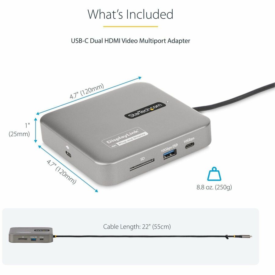 Adaptateur multiport USB-C StarTech.com, double HDMI 2.0b 4K 60 Hz, 2 hubs USB 10 Gbit/s, alimentation PD 100 W, GbE, SD, mini station d'accueil, Windows/Mac