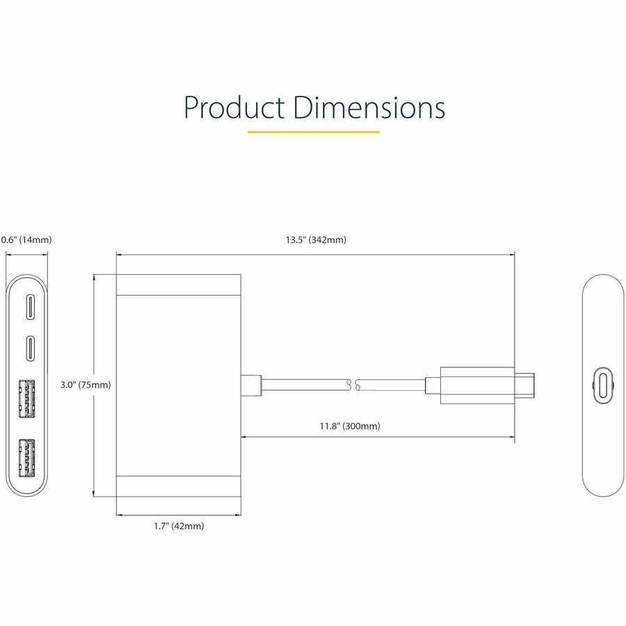 StarTech.com 4-Port USB-C Hub with 100W Power Delivery Pass-Through, 2x USB-A + 2x USB-C, 5Gbps, 1ft/30cm Long Cable, Portable USB 3.0 Hub