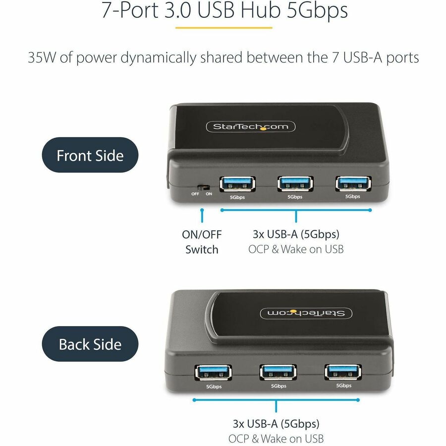 StarTech.com Hub USB 7 ports, USB 3.0 5 Gbit/s, USB-A vers 7 ports USB-A, hub d'extension USB-A auto-alimenté avec alimentation 35 W