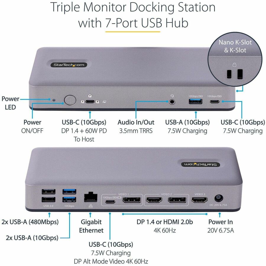 Station d'accueil USB-C StarTech.com, HDMI/DP/DP Alt Mode, triple/double 4K, 7 hubs USB, PD 60 W, GbE, certifiée WWCB