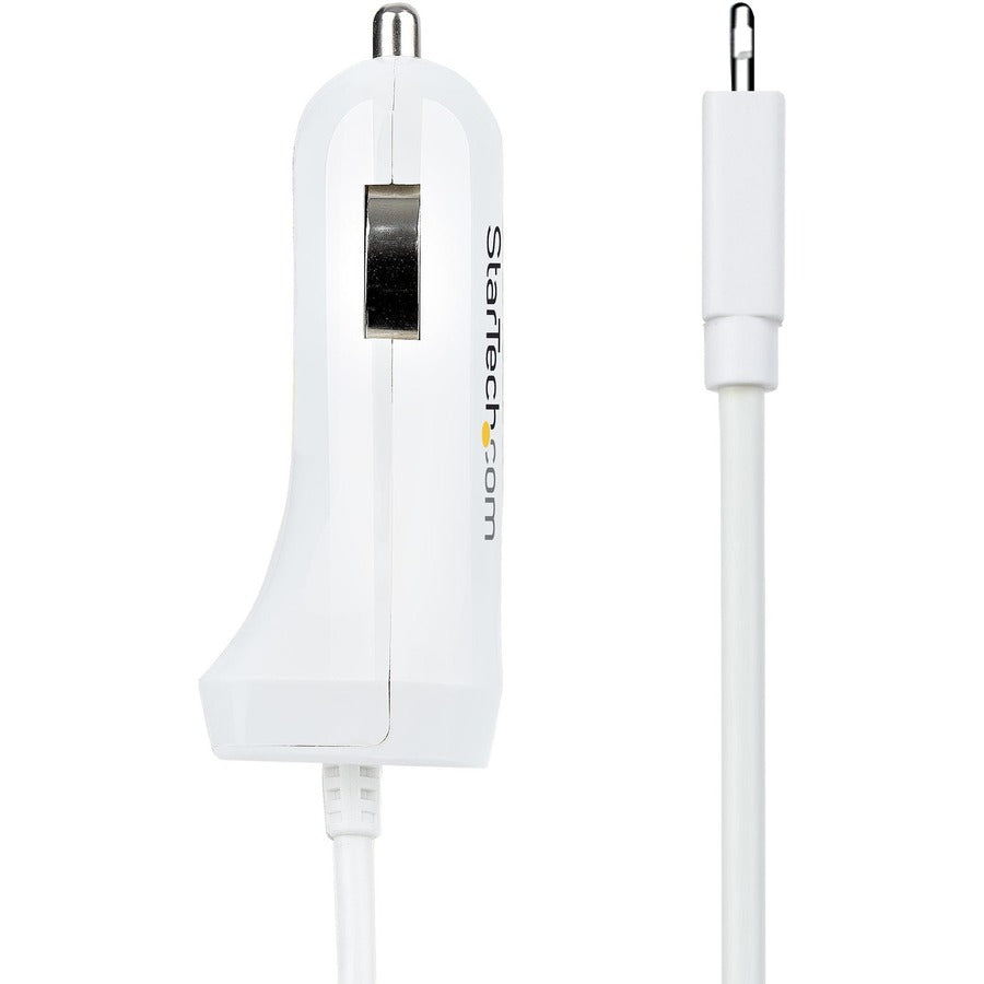StarTech.com Lightning Car Charger with Coiled Cable, 1m Built-in Cable, 12W, White, 2 Port USB Car Charger Adapter, In Car iPhone Charger
