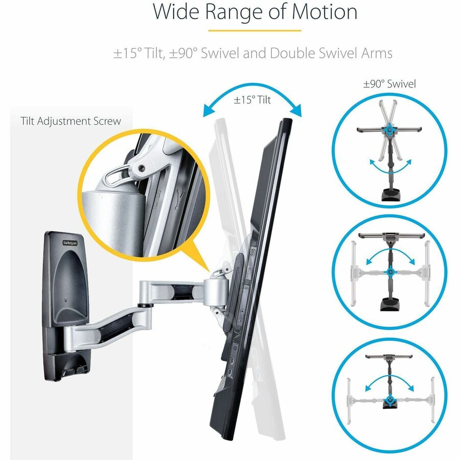 StarTech.com Articulating TV Wall Mount, VESA Wall Mount TV Bracket for 65 inch/99lb/Curved TVs, Corner Adjustable Low Profile Wall Mount