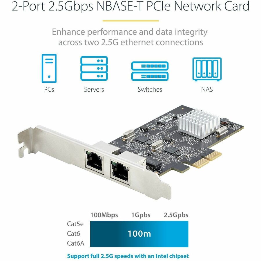 StarTech.com Carte réseau PCIe 2 ports 2,5 Gb/s NBASE-T, interface réseau pour ordinateur, Intel® I225-V, Ethernet double port, carte réseau multi-gigabit