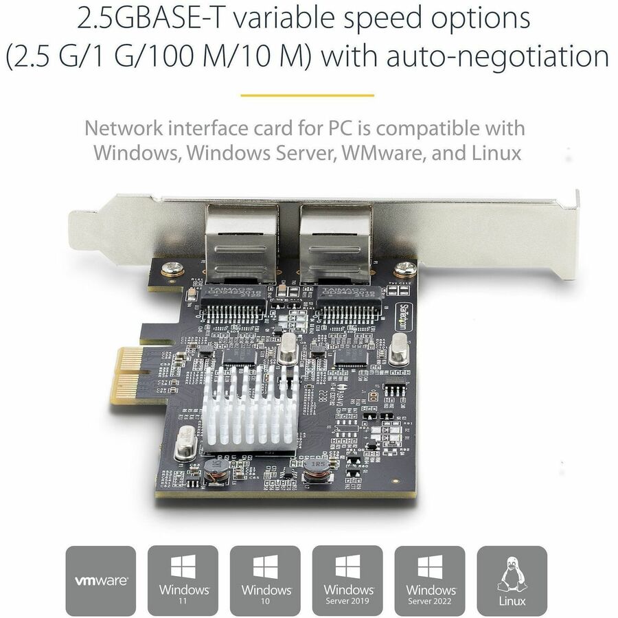 StarTech.com Carte réseau PCIe 2 ports 2,5 Gb/s NBASE-T, interface réseau pour ordinateur, Intel® I225-V, Ethernet double port, carte réseau multi-gigabit