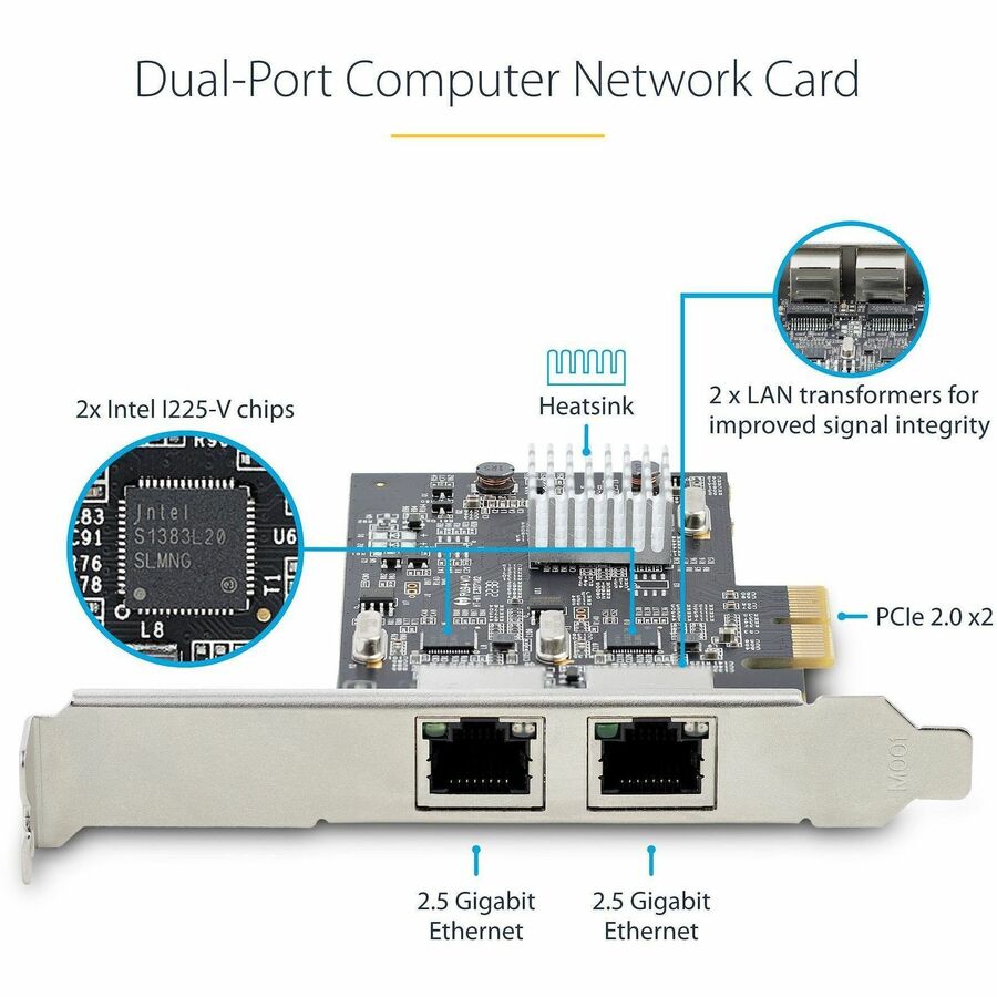 StarTech.com Carte réseau PCIe 2 ports 2,5 Gb/s NBASE-T, interface réseau pour ordinateur, Intel® I225-V, Ethernet double port, carte réseau multi-gigabit