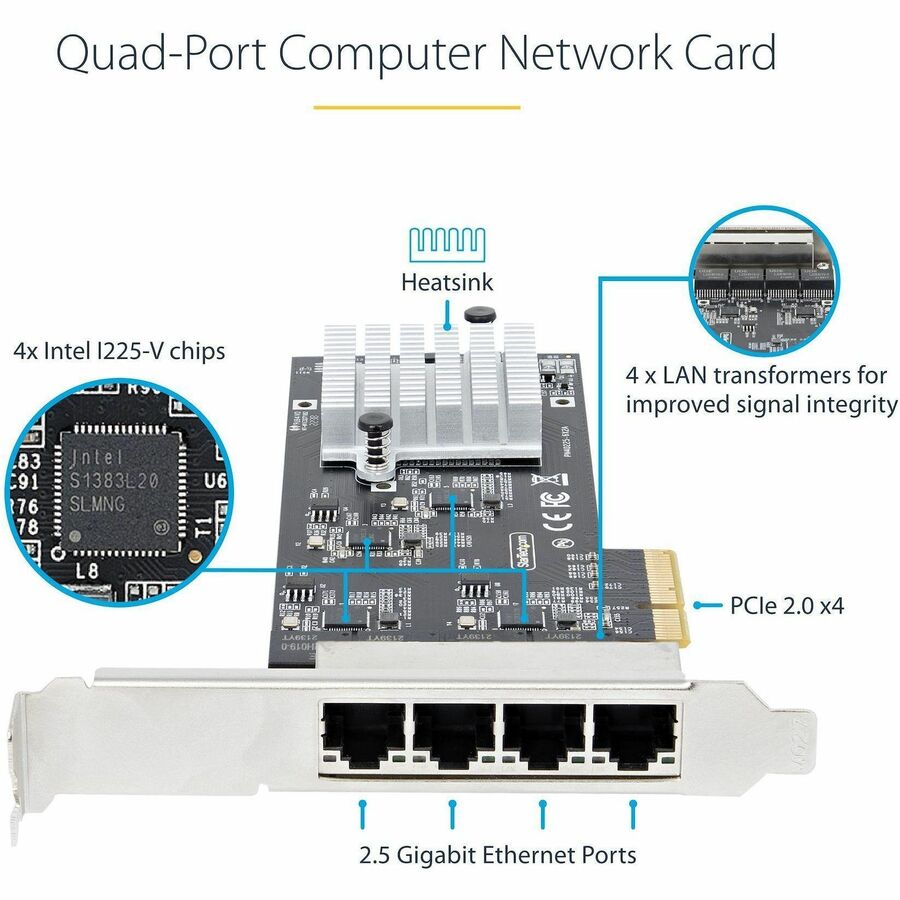 StarTech.com 4-Port 2.5G NBASE-T PCIe Network Card, Computer Network Card Interface, Intel® I225-V, Quad-Port Ethernet, Multi-Gigabit NIC