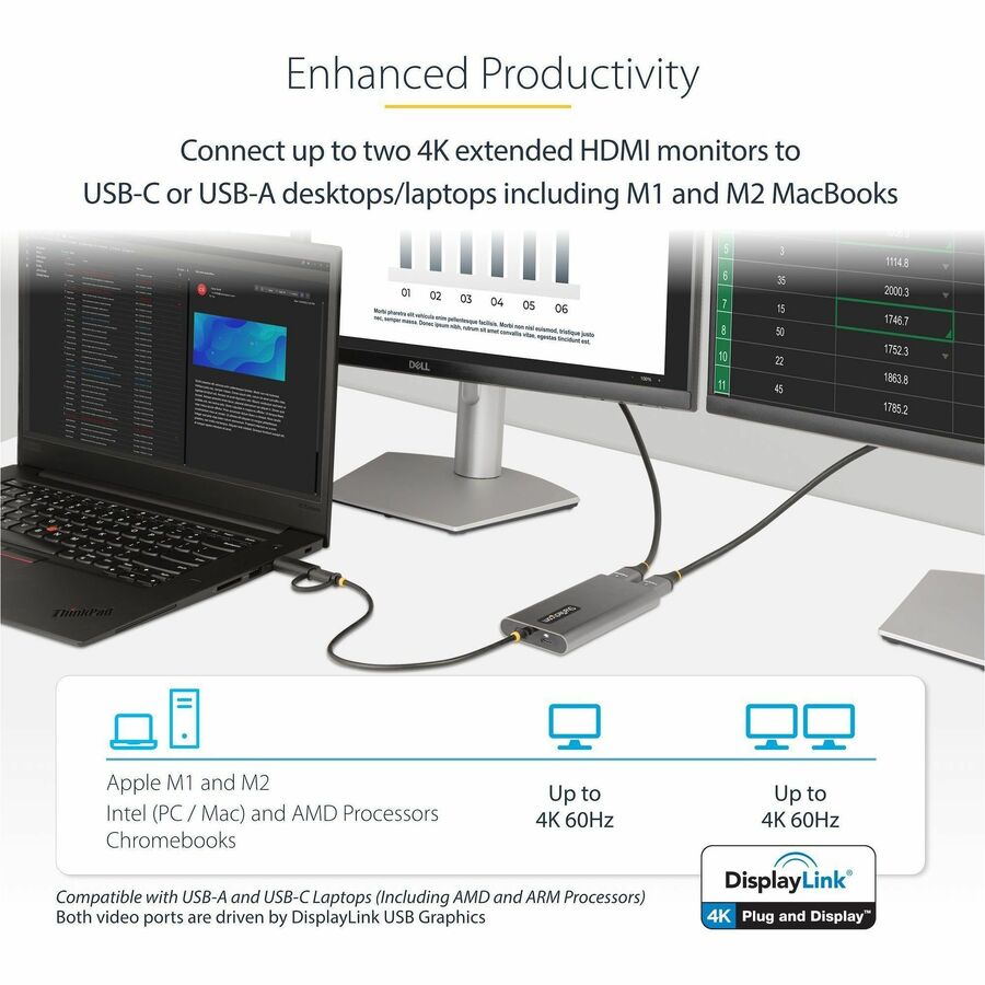 Adaptateur StarTech.com USB-C vers double HDMI, USB-C/A vers 2x HDMI, 4K 60 Hz, PD Pass-Though 100 W, câble intégré de 30 cm, convertisseur USB vers HDMI